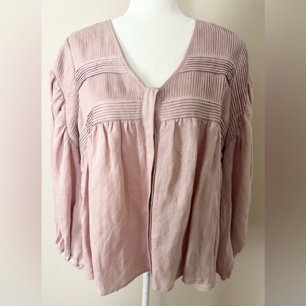 Sancia‎ Light Pink Linen Blend Oversized Balloon Sleeve Lagenlook Button Top